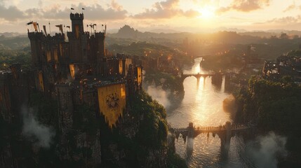 Fototapeta premium Majestic Medieval Castle on Clifftop with Sunset and River