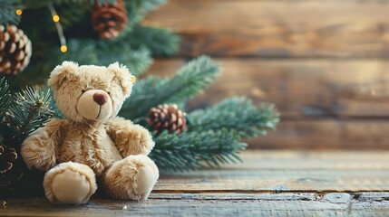 Little teddy bear toy on wooden table with spruce branches