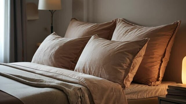 Tranquil video of a neatly made bed with soft, plush pillows, a cozy blanket, and a bedside table featuring a warm, glowing lamp and a stack of books