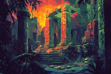 Obraz premium Ancient Stone Ruins Overgrown With Lush Vegetation