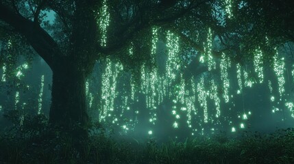 Magical Forest With Glowing Lights And Fog