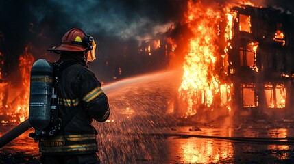 Naklejka premium firefighter in full gear battling intense flames from a burning building at night, copy space 