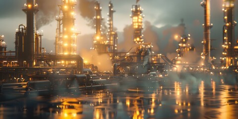 Fototapeta premium Industrial Complex at Night with Reflections in Water