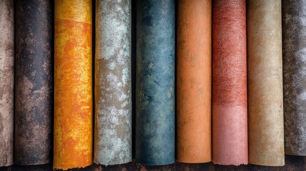 Various wallpaper rolls. Different textures and colors , ai