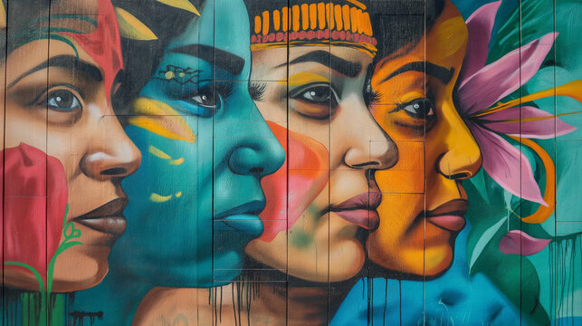 Street Art: A mural or graffiti piece celebrating Hispanic culture, Hispanic Heritage Month, with copy space
