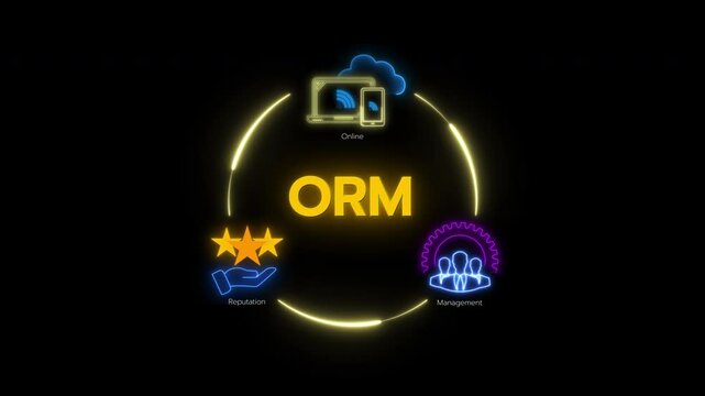 ORM, Online reputation management concept, monitoring and improving how your business is viewed online. Glowing neon line of ORM icon isolated on transparent background.
