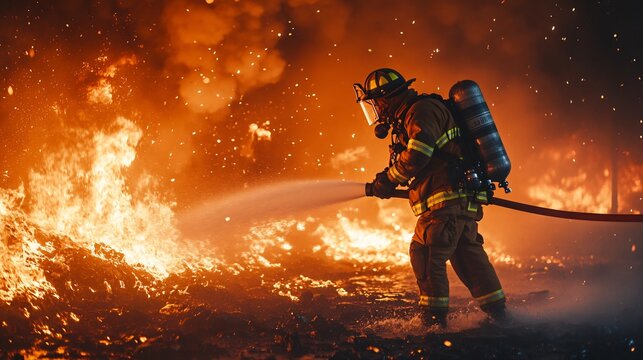 firefighter in full gear battling intense flames from a burning building at night, copy space 