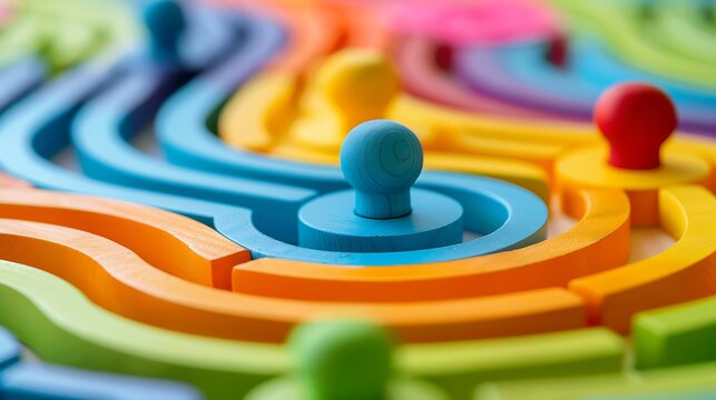 close up of a labyrinth with multi colored puzzles on a wooden busy board educational toy for children isolated on colorful background