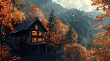 Charming LOFI Autumn House in Forest with Warm Colors and Cozy Atmosphere
