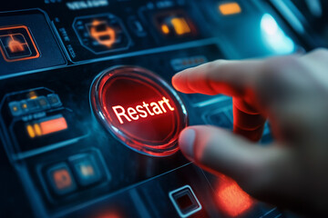 A close-up of a hand pressing a large red "Restart" button on a modern, sleek control panel, with futuristic elements in the background, representing a fresh start and technological innovation