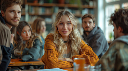 Obraz premium A friendly class scene with elegant men and women in craftsman attire, engaging in conversation, set against a backdrop of others.