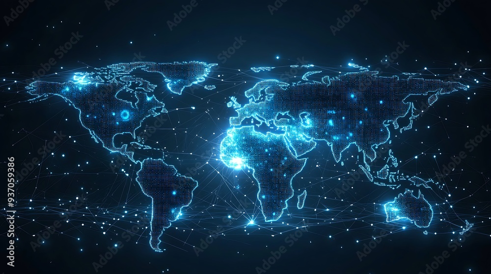 Poster a glowing blue digital world map with connected lines