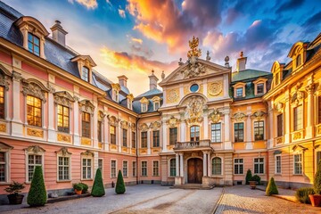 Obraz premium ornate baroque palace ornamental plaster moldings in pastel hues adorned with gilded details amidst rustic courtyard's warm afternoon light