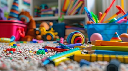 Lots of colorful pens and toys scattered on the carpet at home