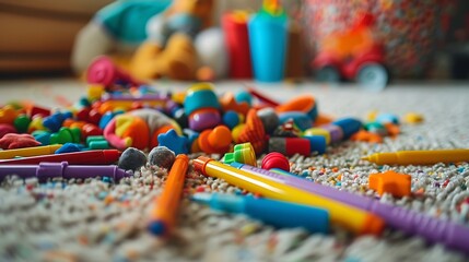 Fototapeta premium Lots of colorful pens and toys scattered on the carpet at home