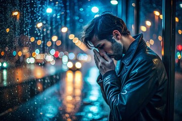 Obraz premium melancholic rainy night rubbing eyes sadness longing cinematic cool tones