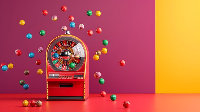 lottery machine with balls inside isolated on colorful background