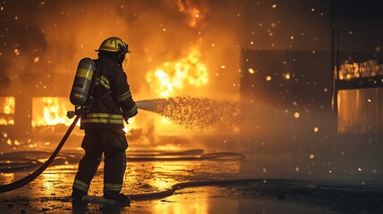 firefighter in full gear battling intense flames from a burning building at night, copy space 