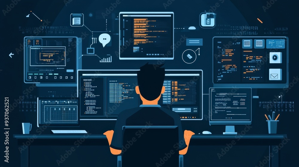 Poster network administrator in action: monitoring, managing, and securing computer networks with flat desi