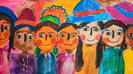 Naklejka premium Children�s Art: Artwork created by children depicting Hispanic culture, Hispanic Heritage Month, with copy space