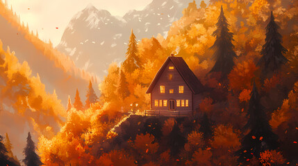 Warm Colors Cozy Autumn House in Forest LOFI Ambient Design