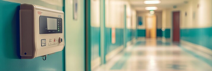 A defibrillator sits ready in a hospital hallway. moments of life and death hinge on this single device