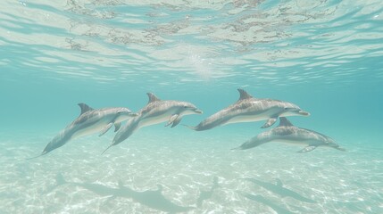 Obraz premium Underwater Dolphin Family Swimming in Clear Turquoise Water