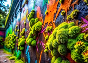 Vibrant moss explosion on graffiti wall, bold colors, high contrast, edgy style, urban grit, rebellion, nonconformity, freedom.