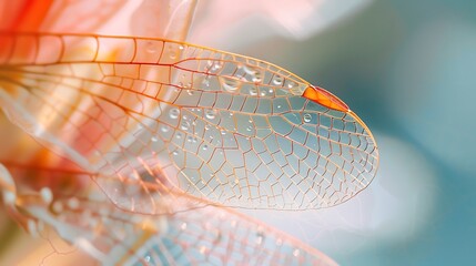 Close-up shot of dragonfly wing with water droplets on it showcasing intricate details of delicate veins for appreciation of nature design precision and organic structural beauty concept.