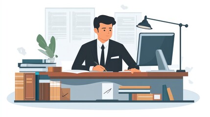 Efficient Legal Assistant Providing Support: Flat Design Illustration of Document Management and Research Assistance in Legal Setting