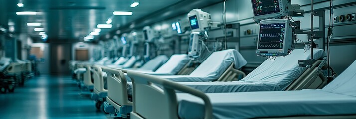 A row of hospital beds with monitoring equipment attached.stories of survival and struggle unfold here daily