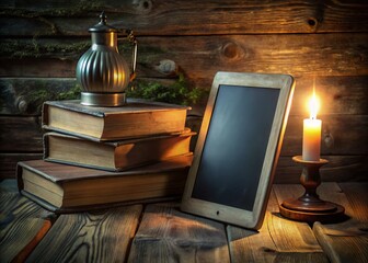 Moodlit evening still life with rustic wooden stand, worn iPad, and nostalgic vintage books
