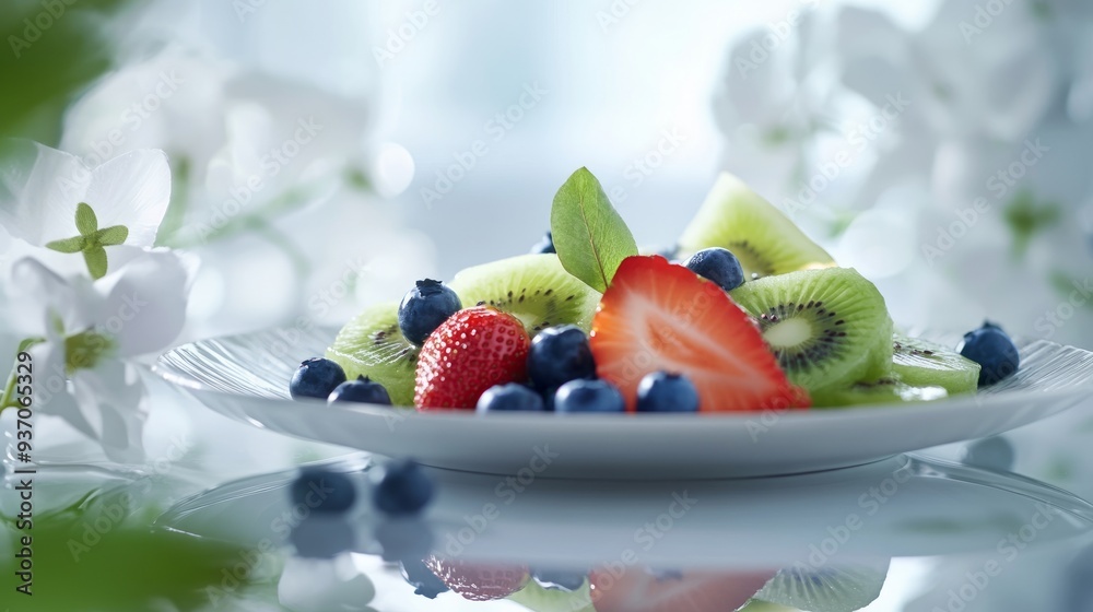 Wall mural fresh fruit salad on a white plate