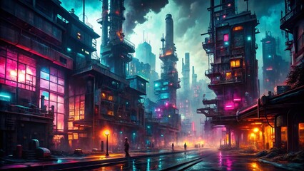 Fototapeta premium futuristic neon lights cityscape cyberpunk dark moody gritty industrial urban decay abandoned streets dystopian atmospheric mysterious high-tech world gloomy ambiance