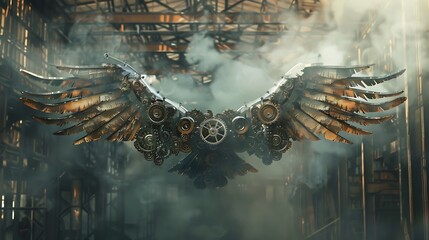 Intricately crafted mechanical wings composed of gears cogs and metal plates soar against industrial backdrop for steampunk aesthetic and mechanical innovation concept.