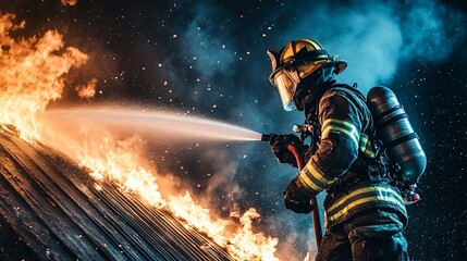  firefighter in full gear battling intense flames from a burning building at night, copy space
