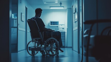 Silhouette of a Man in a Wheelchair in a Hospital Corridor