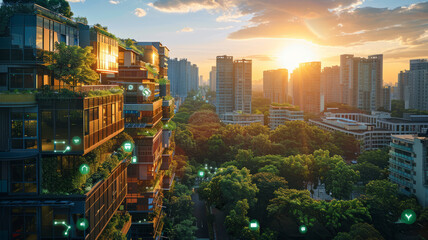 Obraz premium A visually engaging image showcasing sustainable real estate with green building, renewable energy, eco-materials, and community focus, highlighting long-term benefits.