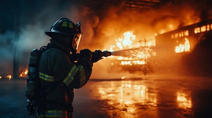 Naklejka premium firefighter in full gear battling intense flames from a burning building at night, copy space