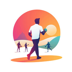 Obraz premium Silhouette of a man playing sports, throwing a ball, with a sunset background.