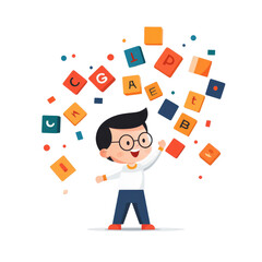 A happy boy with glasses throws colorful alphabet blocks in the air.  He is smiling as the letters float around him.  The image represents learning, creativity and education.