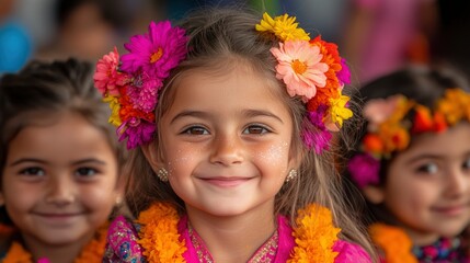 Young girl with flowers in her hair smiling at a festival