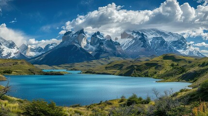 Naklejka premium Beautiful Landscape: Mountain Range and Large Body of Water