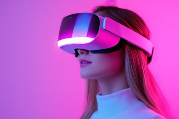 A woman wearing VR goggles in a neon lit environment with pink and blue hues symbolizing the futuristic and immersive nature of virtual reality experiences in a dynamic world