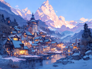 云雾缭绕的雪山景象，山脉与天空交织的神秘氛围