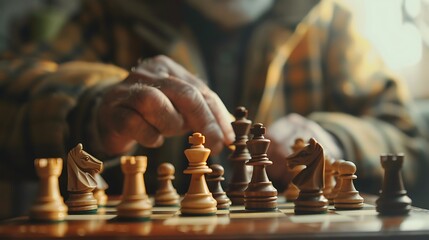 Man playing hands and chess king in house home living room or apartment in winner strategy