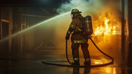  firefighter in full gear battling intense flames from a burning building at night, copy space