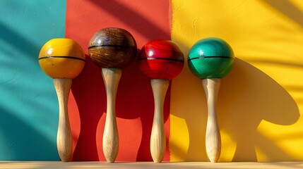 Maracas on the wooden table isolated on colorful background