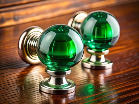 Vibrant emerald green glass knobs against dark mahogany