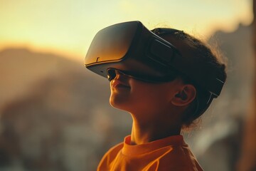 Silhouette of a young woman in an orange shirt wearing a VR headset at sunset exploring a virtual world that contrasts the warmth of the natural sunset with the cold digital realm